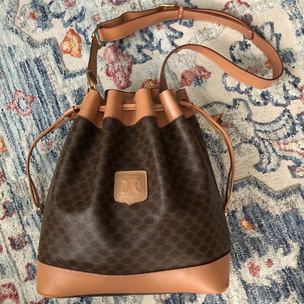Celine Vintage Macadam Drawstring Bucket Tote